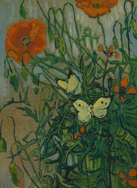 Butterflies and Poppies Currently on view Vincent van Gogh (1853 - 1890), Saint-Rémy-de-Provence, May-June 1889 oil on canvas, 35 cm x 25.5 cm Credits (obliged to state): Van Gogh Museum, Amsterdam (Vincent van Gogh Foundation) When Van Gogh made this painting he started with the flowers and butterflies and filled in the blue background only afterwards. This is clear from the fact that the broad strokes of blue paint occasionally cover the green stems of the flowers. Van Gogh even left part Van Gogh Coloring, Van Gogh Flowers, Artist Van Gogh, Van Gogh Museum, Aesthetic Painting, Post Impressionists, Poppy Flower, Cross Stitch Art, Watercolor Landscape