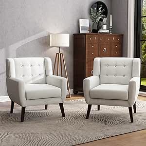 UIXE Accent Chairs Set of 2, Modern Living Room Arm Chair Mid-Century Upholstered Club Armchair, Comfy Fabric Single Sofa Button Tufted Reading Seat Bedroom Side Sitting, Beige Accent Chair Set, Club Armchair, Modern Accent Chair, Accent Arm Chairs, Living Room Accents, Velvet Armchair, Mid Century Chair, Arm Chairs Living Room, Upholstered Arm Chair