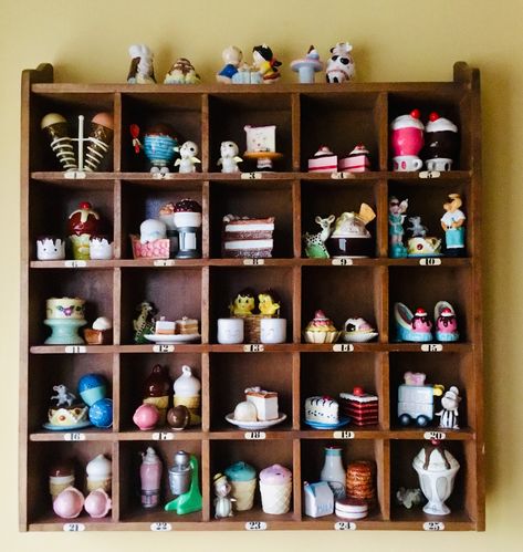 These are some of my “SWEETS” related S&P shakers....need more  display shelves  and ideas for the rest I have in boxes ❤️ Tchotchkes Display Ideas, Salt And Pepper Shaker Display, Knick Knack Display Ideas, Lego Display Shelf, Trinket Shelf, Maximalist Kitchen, Diy Wood Wall, Drop Down Table, Vintage Decorating