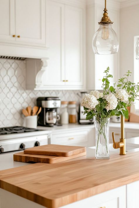 Match the perfect kitchen splashback with a butcher block countertop using these design tips and ideas. Backsplash With Butcher Block, Butcher Block Countertop, Black Backsplash, Metallic Backsplash, Arabesque Tile, Countertop Options, Industrial Style Kitchen, Black Countertops, Brick Backsplash