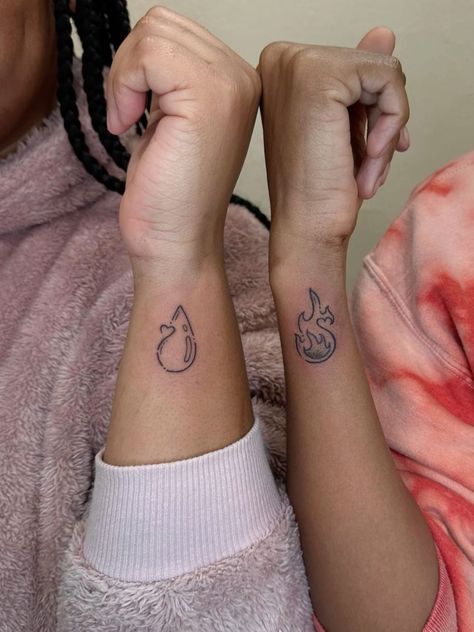 Fire Water Tattoo Ideas, Water And Fire Sign Tattoo Matching, Tattoo Water And Fire, Water And Fire Matching Tattoo, Fire And Water Sign Tattoo, Fire Boy And Water Girl Tattoo, Matching Fire Tattoos, Matching Tattoos Boy And Girl, Fire Sign Tattoos