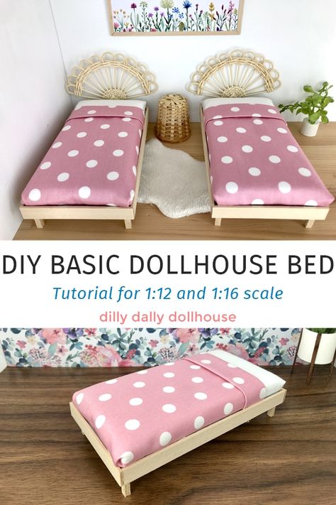 DIY dollhouse bed in multiple sizes | Tutorial for 1:12 and 1:16 miniatures | dillydallydollhouse.com Diy Dollhouse Bed, Diy Seng, Dollhouse Furniture Tutorials, Barbie House Furniture, Diy Barbie House, Dollhouse Bed, Dollhouse Miniature Tutorials, Doll Furniture Diy, Barbie Dolls Diy