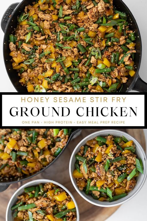 A simple honey sesame chicken alternative made with ground chicken, green beans, and bell peppers. You'll love this high protein, one pan recipe for busy weeknight dinners or Sunday meal prep. Ground Chicken Green Beans, Ground Chicken Peppers Onions, High Protein Meals Ground Chicken, Honey Garlic Ground Chicken, Asian Recipes With Ground Chicken, Sesame Ground Chicken, Ground Chicken And Green Beans Recipes, High Protein Meal Prep Ground Turkey, Ground Chicken Recipes Healthy Meal Prep