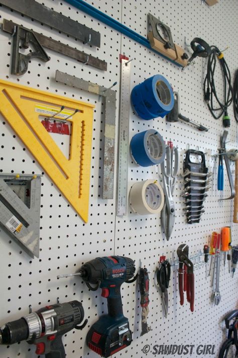 How to create a Pegboard organization wall - Sawdust Girl® Pegboard Garage, Garage Organization Tips, Garage Organisation, Pegboard Organization, Shed Organization, Garage Tool Storage, Tool Room, Organisation Hacks, Organizing Hacks