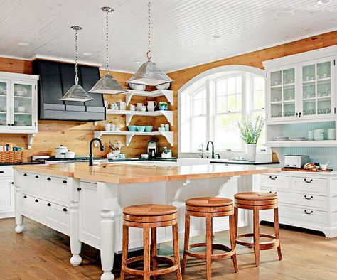 fab contrast: wood paneling and countertops mixed with white cabinetry and open shelving White Wood Paneling, Kitchen Plan, Kitchen Traditional, Pine Walls, Knotty Pine, Cabin Kitchens, Wood Kitchen Cabinets, White Cabinetry, Steel Appliances