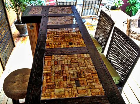 Clear Epoxy Bar Top #epoxy #resin #coating Wine Cork Ideas, Wine Cork Table, Bar Top Epoxy, Bar Top Tables, Cork Table, Bar Countertops, Cork Ideas, Diy Outdoor Bar, Cork Ornaments