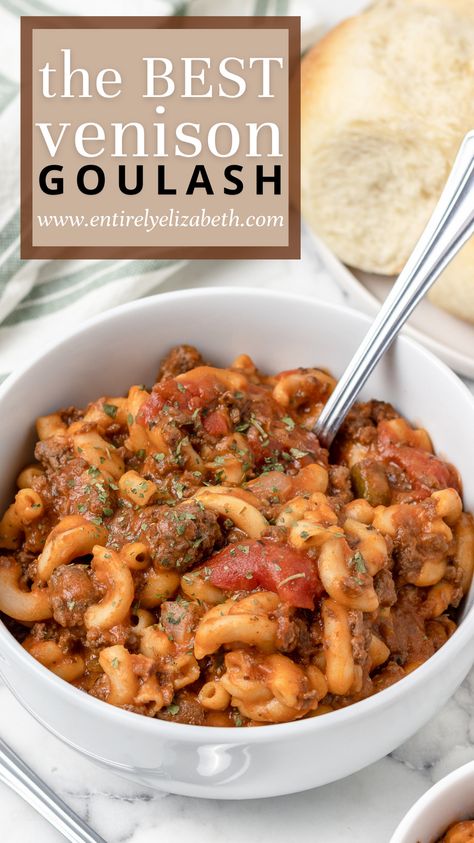 Riffing on a Michigan classic, this saucy venison goulash is easy on the budget. Made with ground deer meat, tomatoes, and macaroni, it's perfect for feeding a crowd. Enjoy this stick-to-your-ribs dish all winter long. Easy Deer Meat Recipes Simple, Cheap Venison Meals, Dinners With Deer Meat, Ground Deer Crockpot Recipes, Healthy Ground Deer Recipes, Things To Make With Deer Meat, Ground Deer Meat Recipes Casseroles, Venison Ground Sausage Recipe, Crockpot Deer Meat Recipes