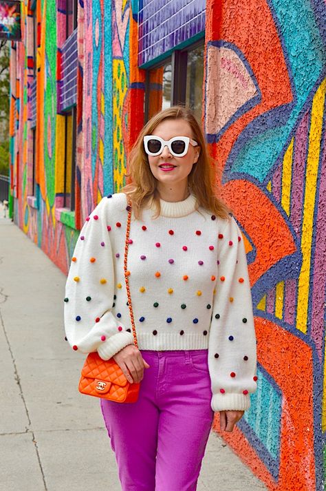 Hello Katie Girl: Rainbow Pom Pom Sweater Pom Pom Jackets, Pom Pom Clothes, Pom Pom Skirts, Rainbow Pom Pom, Pom Pom Sweater, Pom Pom Dress, Rainbow Outfit, Rainbow Sweater, Girl Rainbow