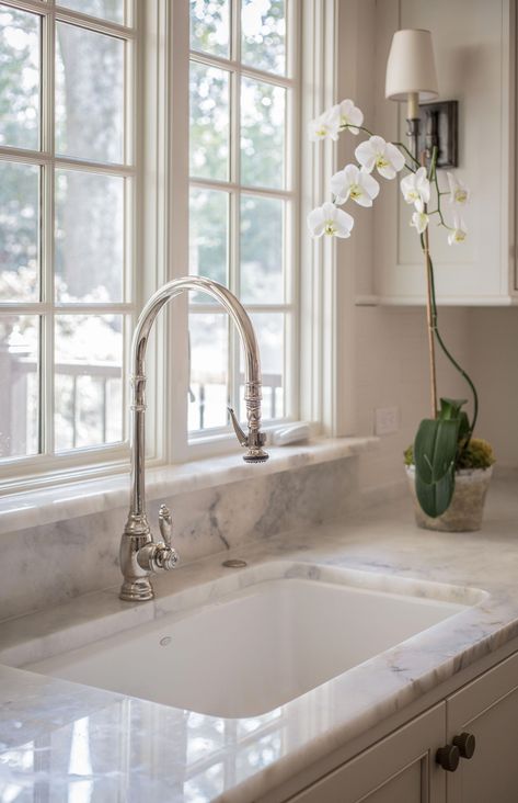 Marble backsplash and window sill to prevent paint peeling. Kitchen - McClure architecture #kitchenremodel #KitchenSinkDouble Kitchen Window Sill Ideas, Carrera Marble Kitchen, Kitchen Sink Window, Kitchen Favorites, Quartz Backsplash, Kitchen Window Sill, Inset Cabinets, White Kitchen Sink, Sink Shelf