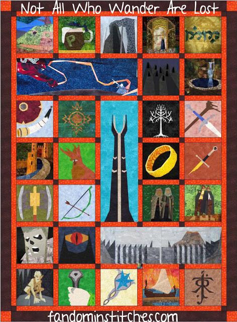 Fandom In Stitches: Not All Who Wander Are Lost - month 12 Lord Of The Rings Sewing Patterns, Lord Of The Rings Quilt Pattern, Lord Of The Rings Quilt, Lotr Quilt, Hobbit Quilt, Lotr Crafts, Harry Potter Quilt, Bag End, Nerd Crafts