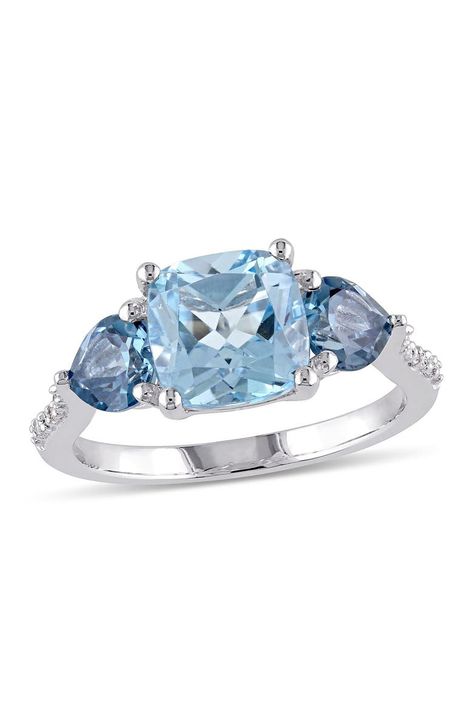 DELMAR Sterling Silver Prong Set Cushion Cut Sky & London Blue Topaz Diamond Accented Floral Ring | Nordstromrack Sky London, Diamond Accent Ring, 3 Stone Rings, Blue Topaz Stone, Diamond Guide, Pretty Jewelry, Sky Blue Topaz, Topaz Stone, Sterling Silver Flowers