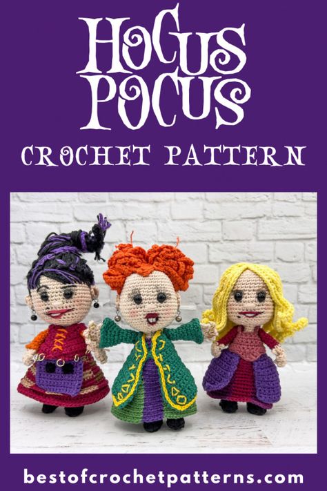 Hocus Pocus Crochet, Winnie Hocus Pocus, Hermanas Sanderson, Halloween Knitting Patterns, Character Crochet, Crochet Witch, Disney Diy Crafts, Doll Amigurumi Free Pattern, Crochet Cardigan Pattern Free