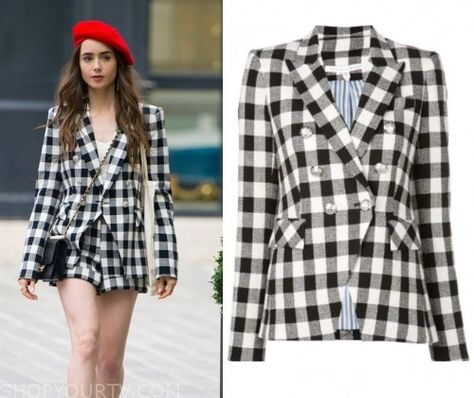 Emily In Paris Fashion, Clothes, Style and Wardrobe worn on TV Shows | Page 5 of 7 | Shop Your TV Emily In Paris Fashion, Gingham Blazer, Emily In Paris Outfits, Veronica Beard Blazer, Worn On Tv, Paris Outfits, Emily In Paris, Checked Blazer, Clothes Style