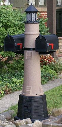 Lighthouse mailbox Lighthouse Mailbox Diy, Beach House Mailbox Ideas, Mailbox Lighthouse, Mailbox Upgrade, Lighthouse Mailbox, Red Fish Mailbox, Creative Mailbox, Lighthouse Lamp, Dcorative Mailbox Signs