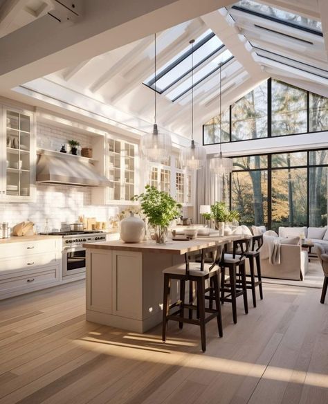 Kitchen High Ceiling Ideas, Kitchen In Orangery, Open Ceiling Kitchen, Pitched Kitchen Ceiling, Pitched Roof Kitchen Extension, Vaulted Ceiling Kitchens, Kitchen With Pitched Ceiling, Kitchens With A View, Orangery Kitchen Extension