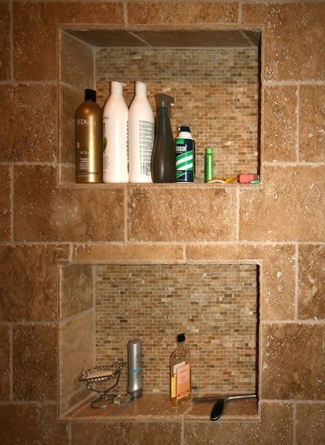 If I ever build: little nooks in the shower/bathtub, but big and deep enough for the "family" size bottles Tile Niche, Shower Bathtub, Master Bath Remodel, Shower Shelves, Bathroom Redo, Shower Accessories, Bath Remodel, The Shower, House Bathroom