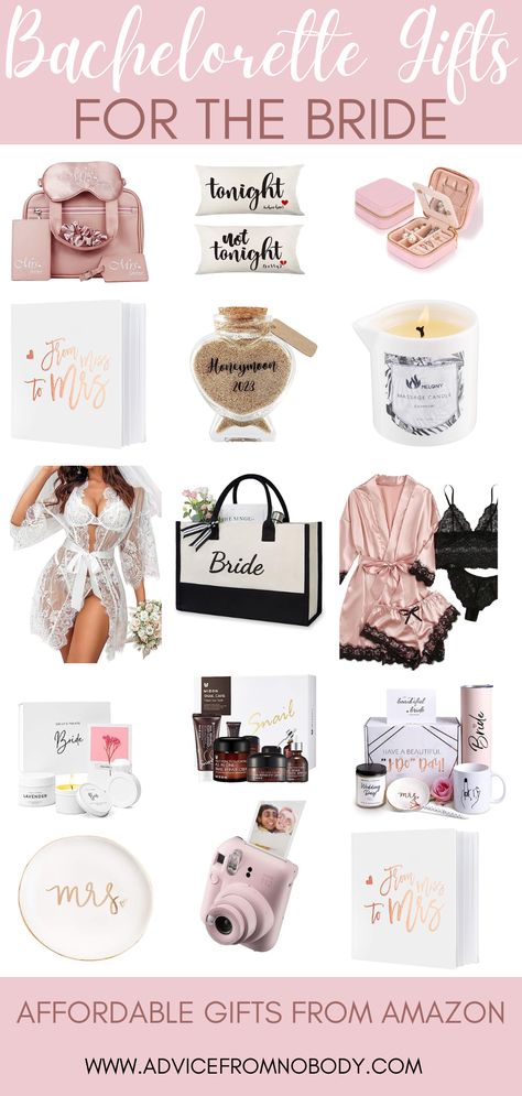 If you're heading to a bachelorette party don't show up empty-handed! Here are 20 best bachelorette party gifts for the bride-to-be! These bachelorette gift ideas are great gifts for any bride-to-be. But they are also great for bachelorette goody bag ideas and make a great bride basket. Bride Gifts Basket, Bride Gift Bag Ideas, Gifts For Bride On Bachelorette Party, Bachelorette Basket Ideas For Bride, Brides Gifts From Bridesmaid, Gift Basket For Bride To Be, Bachelorette Party Gift Ideas For Bride, Bachlorette Gifts For The Bride Creative, Bride To Be Box Ideas