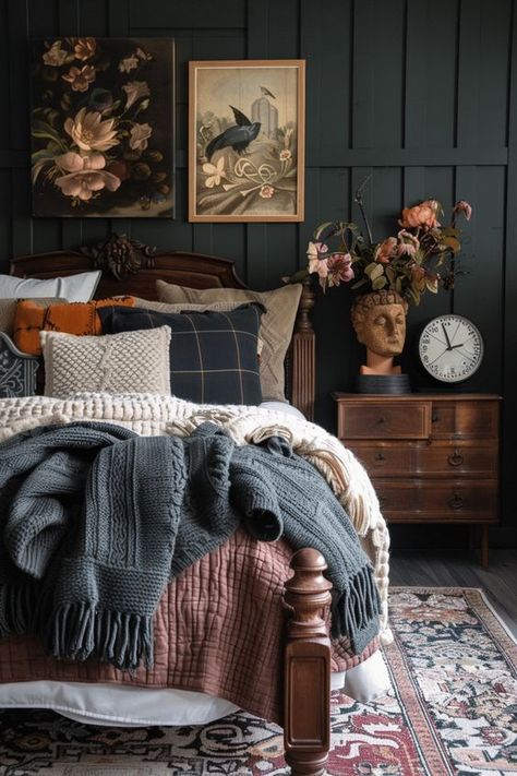 Vintage Charm Meets Modern Mystery: 25 Dark Cottage Core Bedroom Ideas Cottage Living Rooms Vintage, Outlander Bedroom Ideas, Cottage Core Guest Room, Moody Cottage Aesthetic, Dark Academia Bedspread, Vintage Cottagecore Bedroom Ideas, Moody Cottage Decor, Farmhouse Vintage Bedroom, Vintage Cottagecore Aesthetic Bedroom