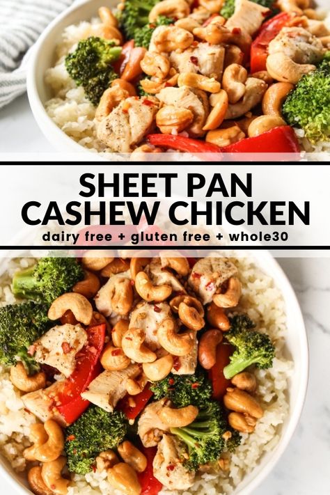 Serve up this easy Sheet Pan Cashew Chicken on any busy weeknight! Chicken, cashews, broccoli, red pepper, and the tastiest 4-ingredient sauce ever. Sheet Pan Cashew Chicken, Broccoli Red Pepper, Weeknight Chicken, Sheet Pan Dinners Recipes, Recipe Sheets, Cashew Chicken, Pan Dinners, Pan Recipes, Sheet Pan Dinners