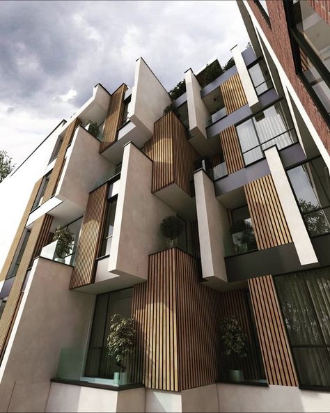 Housing Building, Modern Apartment Facade Exterior Design, Contemporary Apartment Facade, Residential Facade, Residential Appartment Elevation, High Rise Apartment Facade Design, Condominium Facade, Wooden Facade Apartment Building, Window Architecture