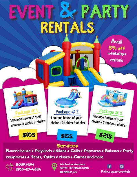 50+ bounce Customizable Design Templates | PosterMyWall Bounce House Rental Flyer, Bounce House Business Ideas, Inflatable Bounce House Business, Party Rental Business Ideas, Bouncing House, Bounce House Business, Rental Business Ideas, Party Rental Business, Kids Party Rentals