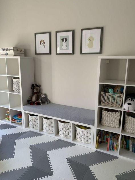 Scandanavian Toy Storage, Playroom Diy Storage, Ikea Playroom Desk Hack, Playroom/spare Room, Diy Toy Room Storage, Playroom Ideas Gender Neutral, Budget Playroom Ideas, Playroom Living Room Ideas, Kallax Playroom Storage