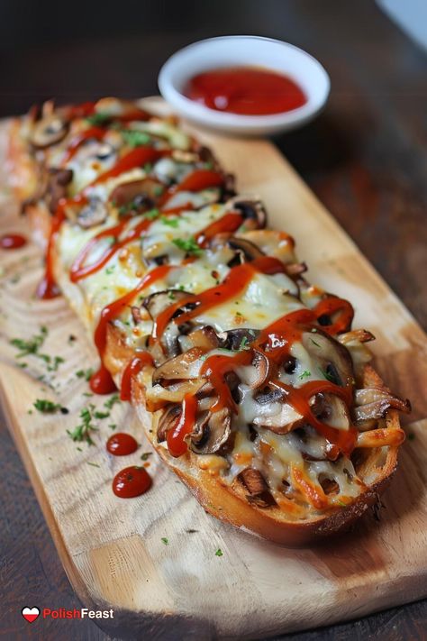 Polish Zapiekanka - Toasted Baguette with Cheese and Mushrooms Zapiekanka Recipe, Polish Snacks, Cheese Baguette, Polish Breakfast, Poland Food, Open Faced Sandwich, Food Therapy, Polish Recipes, Breakfast Dessert