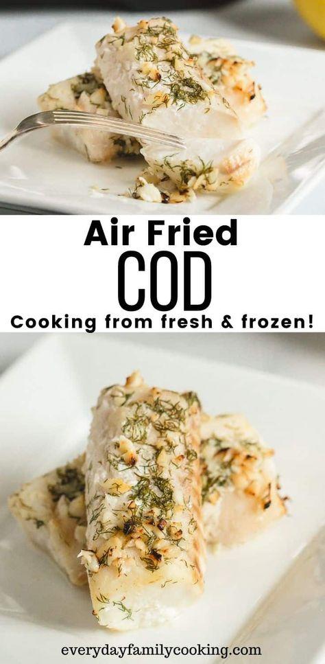 The best air fryer cod keto recipe! This cod loins are flavored with lemon and dill to create a healthy low carb recipe with no breading. I’ve also included directions to air fry the cod from frozen! #airfryerdinnerrecipes #airfryer #airfryerdinnerideas Cod From Frozen, Cod Loin Recipes, Air Fryer Cod Recipe, Air Fryer Cod, How To Cook Cod, Air Fryer Recipes Healthy Low Carb, Air Fryer Fish Recipes, Cod Recipe, The Best Air Fryer