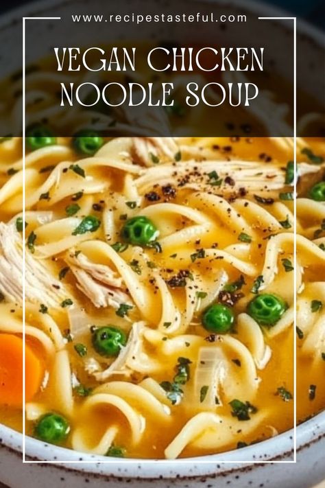 A comforting and hearty vegan version of the classic chicken noodle soup, packed with fresh vegetables and flavorful herbs. Perfect for a cozy dinner or as a soothing remedy on a chilly day. Vegetarian Chicken Noodle Soup, Vegan Chicken Noodle Soup, Classic Chicken Noodle Soup, Vegetarian Chicken, Vegan Chicken, Cozy Dinner, Feeling Under The Weather, Under The Weather, Sauteed Vegetables