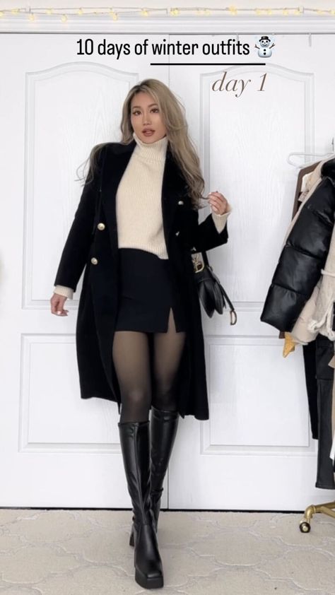 Winter Outfits Stockings Tights, Boots And Short Skirts Outfits, Skirt Outfits With Stockings Black, Fleece Tights Outfit Winter, Beige And Black Skirt Outfit, Winter Outfits With A Skirt, Black Skirt Winter Outfit Tights, Thermal Stockings Outfit, Black Skirt Black Tights Outfit Winter