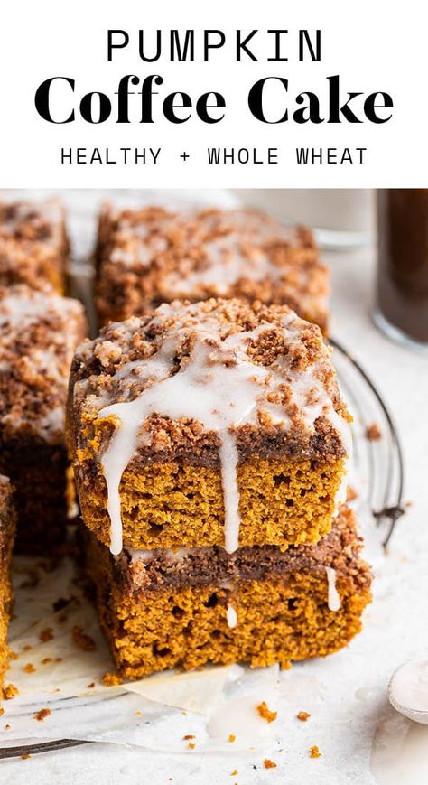 This pumpkin coffee cake with a cinnamon streusel topping is the ultimate fall dessert! It's moist, soft and made with healthier ingredients like Greek yogurt, whole wheat flour and coconut sugar. Healthy Pumpkin Coffee, Pumpkin Pecan Coffee Cake, Pumpkin Coffee Cake Recipes, Healthy Coffee Cake, Cinnamon Streusel Topping, Pumpkin Coffee Cake, Pumpkin Cobbler, Pumpkin Breakfast, Streusel Coffee Cake