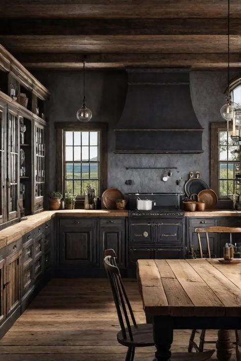 Distressed wood cabinets in a farmhouse kitchen Black Rustic Kitchen Ideas, Black And Stained Wood Kitchen, Black Farmhouse Kitchen, Bloxburg Apartment, Apothecary Kitchen, Charcoal Kitchen, Ny House, Kitchen Vibes, French Farmhouse Kitchen