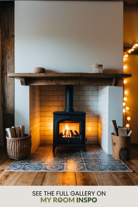 This Pinterest pin showcases 37 cozy farmhouse fireplace ideas featuring rustic designs and modern twists. Suitable for home styling enthusiasts looking to enhance their living spaces with warmth and charm. Living Room With Stove Ideas, Fireplace Without Brick, Stone Wall Wood Stove, Fireplace To Wood Burning Stove, Live Edge Mantle Fireplace, Wood Burner Living Room Ideas, Diy Cottage Fireplace, Tv Over Wood Burning Stove, Large Wood Burning Fireplace