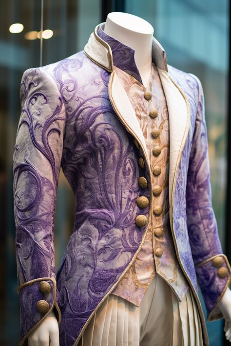 Water lily inspired suit Ballroom Outfit Men Aesthetic, Fantasy Suit, Prince Suit, Epic Clothing, Prince Clothes, Regency Era Fashion, Fancy Suit, Classy Suits, Purple Suits