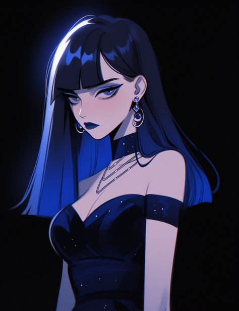 Female Character Design Blue Hair, Blue Hair Woman Art, Dark Blue Hair Character, Dark Blue Hair Anime Female, Goth Woman Art, Blue Hair Anime Female, Blue Hair Character, Magical Girl Aesthetic, Dark Blue Hair