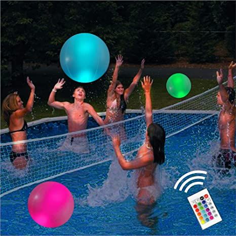 Outdoor Games For Teens, Glow Party Games, Teen Pool Parties, Neon Pool Parties, Pool Volleyball, Night Pool Party, Floating Pool Lights, Pool Party Games, Beach Glow