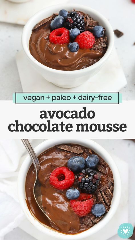 Chocolate Avocado Mousse - This velvety vegan chocolate mousse recipe has all the gorgeous flavor you're looking for and an ingredient list you're going to love! (Paleo, dairy-free). // paleo chocolate mousse // healthy chocolate mousse // dairy-free chocolate mousse // Avocado Chocolate pudding // Healthy dessert #vegan #chocolate #mousse #paleo #glutenfree #dairyfree #avocado Pudding Healthy, Chocolate Avocado Mousse, Healthy Chocolate Mousse, Vegan Chocolate Pudding, Vegan Chocolate Mousse, Avocado Mousse, Avocado Chocolate Pudding, Avocado Pudding, Avocado Chocolate Mousse