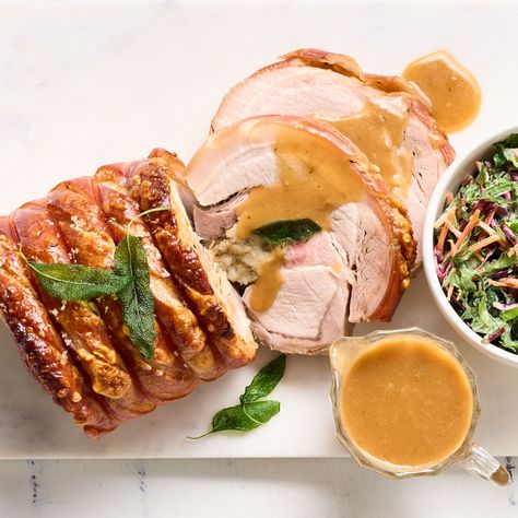 Roast Pork Loin with Apple-cider Gravy Recipe | Woolworths Cider Gravy, Apple Cider Pork, Roast Pork Loin, Herb Stuffing, Roast Pork, Pork Loin Roast, Gravy Recipe, Pork Rinds, Gravy Recipes