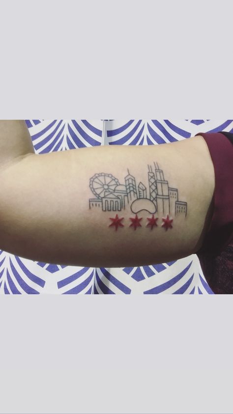 Chicago Tattoo Ideas Simple, Skyline Tattoo Ideas, Chicago Tattoo Ideas, Chicago Flag Tattoo, Chicago Skyline Tattoo, Denver Tattoo, Sarah Tattoo, Skyline Tattoo, Sister Tattoo Designs