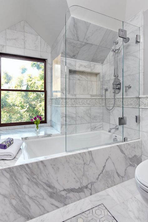 Bathtub vs. Shower, Which is Perfect for Your Bathroom? | Plan n Design Built In Shower Seat, Bathtub Designs, Marble Shower Walls, Bathtub Shower Combo, White Marble Bathrooms, Master Bath Shower, Bathroom Plan, Bathtub Design, Large Shower