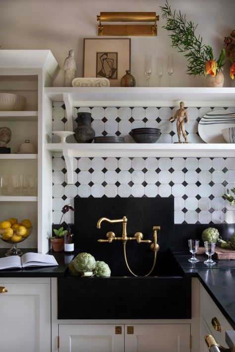 A Tile Collection Made in Instagram Heaven - Apartment34 Black Farmhouse Sink, Backsplash Trends, Vintage Inspired Kitchen, Black And White Kitchen, White Backsplash, Tile Trends, Classic Kitchen, Black And White Tiles, Kitchen Trends