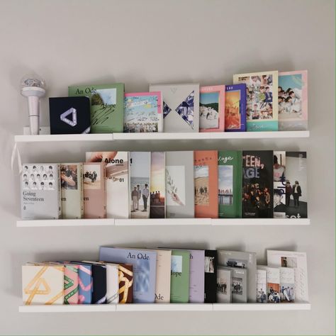 Kpop Album Organization, Seventeen Album Collection, Kpop Album Display, Kpop Albums Shelf, Album Display, Kpop Ideas, Army Room Decor, Album Storage, Collection Storage