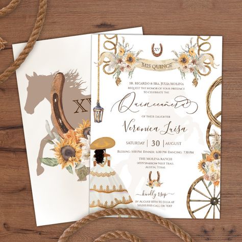 Charro Floral Boho Rustic Country Quinceanera Invitation - tap to personalize and get yours #Invitation #cowboy, #charro, #elegant, #rustic, #sunflowers, White And Gold Charro Quinceanera Theme, Charro Quinceanera Theme, Green Quinceanera Theme, Charro Quince, Green Quinceanera, Quinceanera Theme, Quince Invitations, Cowboy Ranch, Quinceanera Invitation