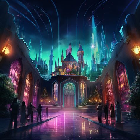 hogwarts school of magic but futuristic with neon colors and high tech. Show multiple known characters either in the school or on the grounds Fantasy Schools Of Magic, Fantasy Schools, Magic School Aesthetic, Fantasy Academy, Forbidden Magic, Fantasy Quest, Magical School, School Of Magic, Story Images