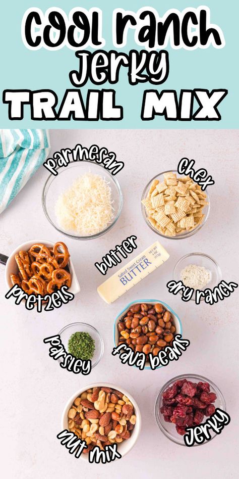 Cool ranch trail mix with jerky and Chex Chex Trail Mix Recipes, Salty Trail Mix Recipes, Snacks For Game Night, Rv Snacks, Homemade Trail Mix Recipes, Salty Trail Mix, Homemade Crackers Recipe, Trail Mix Recipe, Brunch Sides