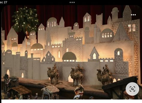 Bethlehem Stage Props, Bethlehem Stage Design, Nativity Scene Backdrop, Cardboard Bethlehem Scene, Nativity Stage Design, Christmas Crib Design, Christmas Crib Designs, Cardboard Manger, Christmas Belen