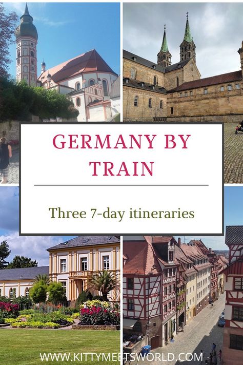 Top left: Church at Andechs Monastery, top left: Bamberg; bottom left: Palmengarten in Frankfurt; bottom left: half-timbered houses in Old Town Nuremberg Oktoberfest Germany, Train Vacations, Augsburg Germany, German Travel, Germany Travel Guide, Germany Vacation, Germany Poland, Cities In Germany, Train Tour