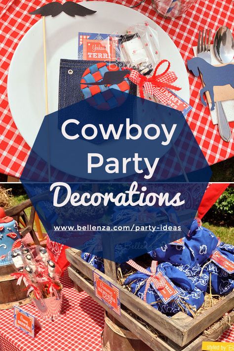 Cowboy party themed decorations and favors. From bandanas to cowboy boots, style your own cowboy or western themed party. #cowboytheme #cowboypartyideas #cowboydecorations Cowboy Theme Table Centerpieces, Western Theme Table Decorating Ideas, Western Themed Table Decorations, Western Diy Party Decor, Cowboy Backdrop Ideas, Bandana Decorating Ideas, Cowboy Themed Centerpieces, Cowboy Party Table Decor, Western Theme Table Decor