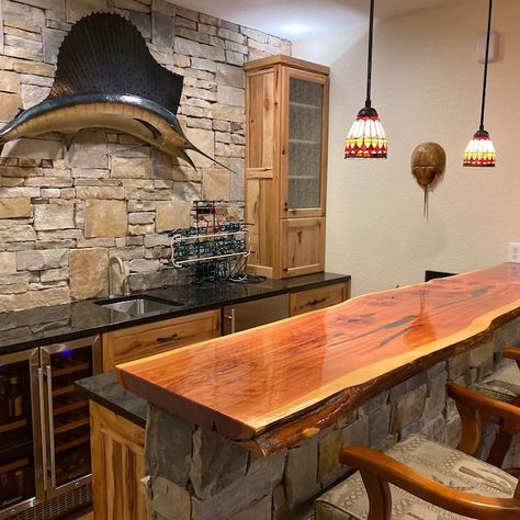 Live Edge Free Standing Bar, Live Edge Countertop, Live Edge Bar Top, Mancave Bar, Live Edge Bar, Bar Build, Bar In Casa, Basement Bar Designs, Kursi Bar