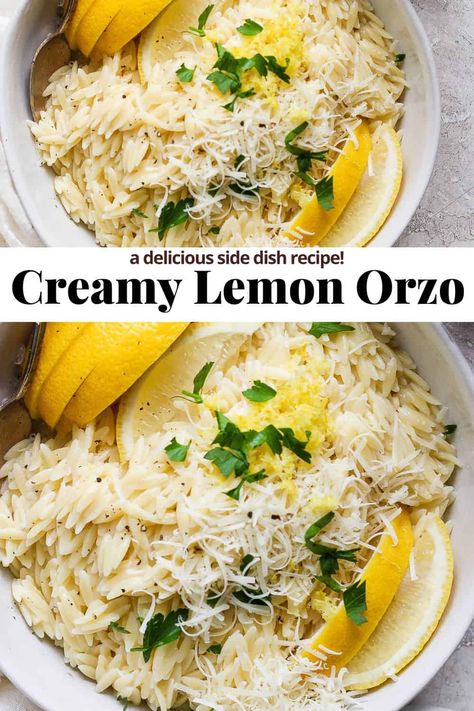 A light and fresh Lemon Orzo recipe is the perfect side dish to almost any meal! Creamy and delicious with the the brightness of lemon! #lemonorzo #lemonorzosoup #lemonorzopasta #lemonorzochicken Lemon Orzo Soup, Cheesy Orzo, Lemon Orzo Salad, Orzo Dishes, Creamy Orzo, Orzo Recipe, Lemon Orzo, Family Dinner Night, Lemon Butter Chicken